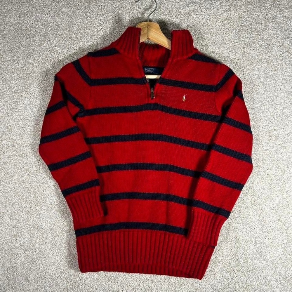 Polo Ralph Lauren kids red and blue striped knit quarter zip sweater